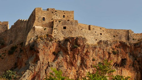 Historic castle wall on rocky cliff under clear sky, Monemvasia, Monemvassia, Malvasy, Byzantine