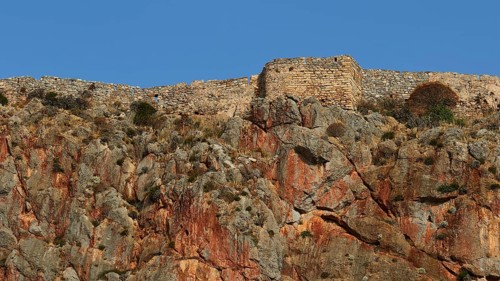 Brick ruins on a rocky landscape under blue sky, Monemvasia, Monemvassia, Malvasy, Byzantine small