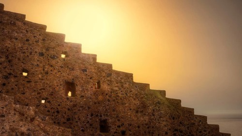 Abstract scene with stone stairs and warm sunset light, Monemvassia, Malvasy, Byzantine small town,