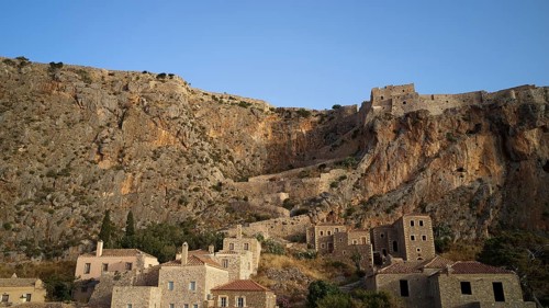 Drone shot, rocky landscape with old ruins and medieval architecture, Monemvasia, Monemvassia,