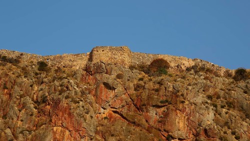 Soft morning light, stone wall of an old fortress on top of a rock, Monemvasia, Monemvassia,