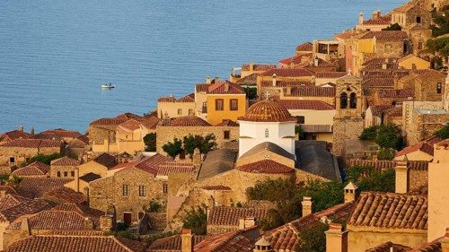 Soft morning light, Holy Church of the Virgin Mary Myrtidiotissa (or Critikias), church tower and