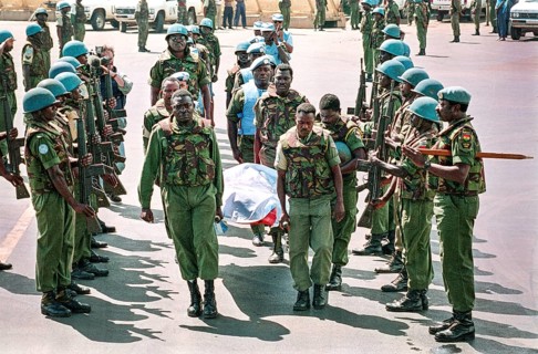 RWA Rwanda Kigali Ghanaian soldiers from the United Nations peacekeeping force UNAMIR carry a