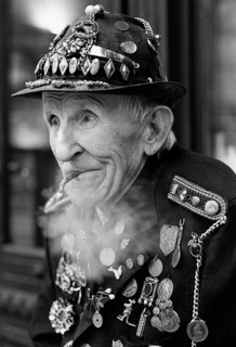 DEU, Germany, Berlin, 02.03.1998, An old man, in decorated uniform, smokes