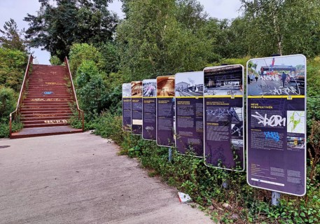 Information boards about York Bridges, Yorkstraße, Schöneberg, Berlin, Germany