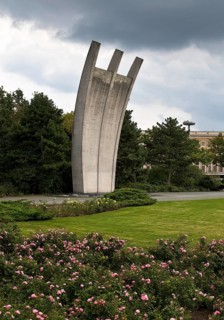 Berlin-Tempelhof airlift memorial based on plans by Eduard Ludwig, popularly known as Hunger Rake