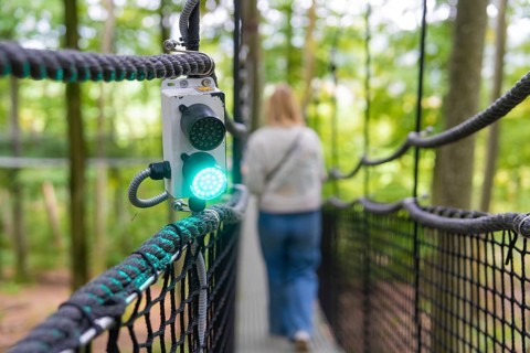 Close-up of a signal on a treewalk, Affenberg Salem, Bodenseekreis, Germany