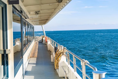 View along the ship side of the vast blue sea under a clear sky, boat trip, Lake Constance, Germany