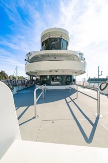 Modern ship on a sunny deck with clear sky and clouds, boat trip, Lake Constance, Germany