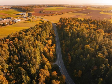 Road snakes through an autumnal forest from a bird's eye view, Nagold, Black Forest, Germany