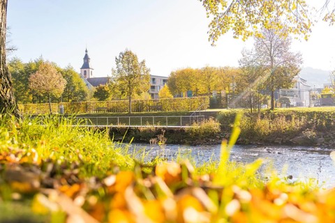 Idyllic river course in autumn with view of a church and colorful trees, Nagold, Black Forest,