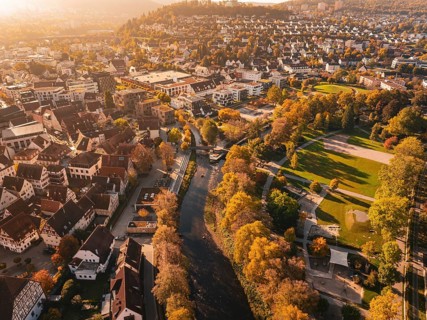 An autumnal view of the city with a river and lots of colorful trees illuminated by the sun,