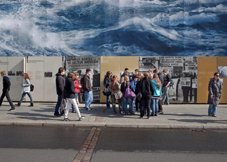 DEU Berlin A giant poster with waves advertising a Norwegian natural gas provider is hanging at