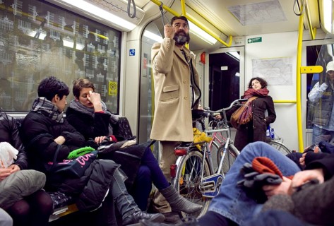 DEU Berlin passengers on the U8 towards Hermannplatz Saturday night. Germany Berlin Passengers