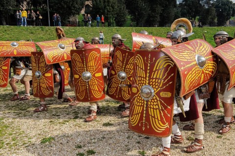 Traditional group Roman soldiers and centurion centurion in tradition of historic ancient Roman