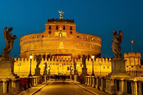 View of blue hour at nightfall in 139 AD as an ancient mausoleum Hadrian Tomb for Emperor Caesar