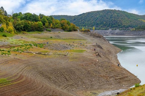 Historic ruins exposed at extremely low water level in Edersee reservoir foundations of demolished