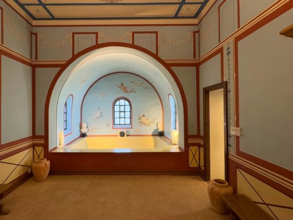 Reconstructed Roman ancient frigidarium cooling room refrigeration room with cold water basin under