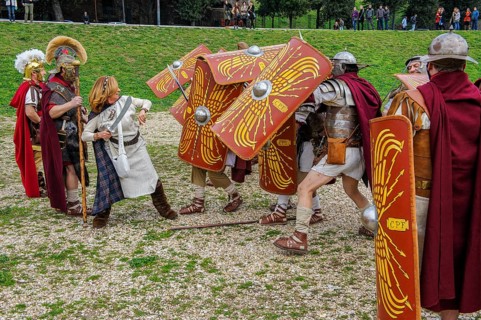 Traditional group Roman soldiers and centurion centurion in the tradition of historic ancient Roman