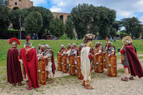 Traditional group Roman soldiers and centurion centurion in tradition of historic ancient Roman
