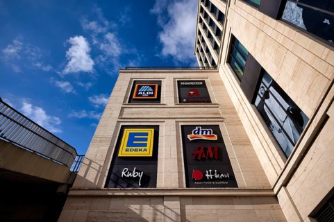 Exterior view of Das Gerber shopping center, Logo, Mauritius, Aldi Süd, Edeka, dm, Drugstore
