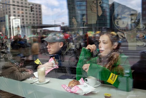 Germany Berlin Anti-nuclear power demonstration in Berlin Mitte. Demonstrators watch the street