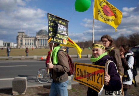Germany Berlin Anti-nuclear power demonstration in Berlin Mitte. Demonstrators pass through the