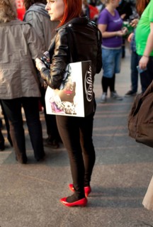DEU Berlin woman with red shoes on Rosenthaler Straße in Berlin Mitte Germany Berlin Woman in red