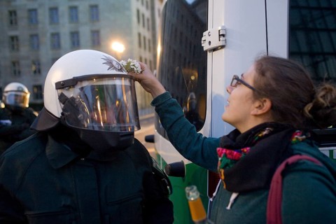 GERMANY Police officers on Leipziger Straße in front of the Ministry of Finance during the May 1