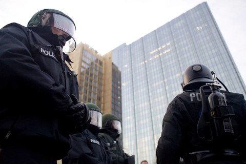 GERMANY Police close Rudi-Dutschke-Straße in front of the Springer Hochaus during the May 1st rally