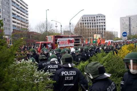 GERMANY Police officers on Leipziger Straße during the May 1st rally. Germany Berlin Police during