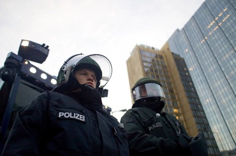 GERMANY Police close Rudi-Dutschke-Straße in front of the Springer Hochaus during the May 1st rally