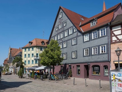 Historic buildings on the market square, slate façade, old town, Fürth, Middle Franconia,