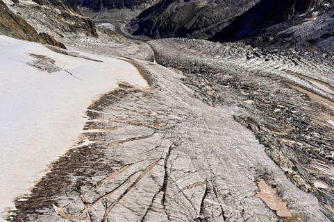 View from the Télécabine Panorama Railway of the glacial crevices of the Glacier du Géant,
