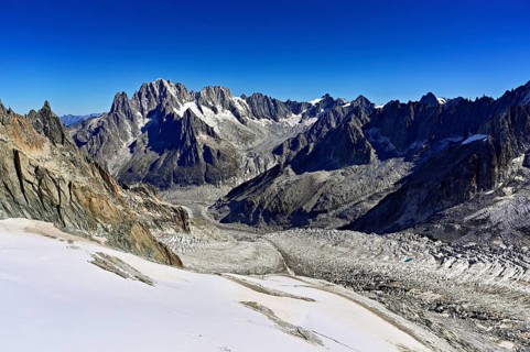 View from the Télécabine Panorama Mont-Blanc of the mountains Aiguille Vert, Les Droites, Les