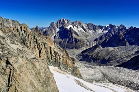 View from the Télécabine Panorama Mont-Blanc of the mountains Aiguille Vert, Les Droites, Les