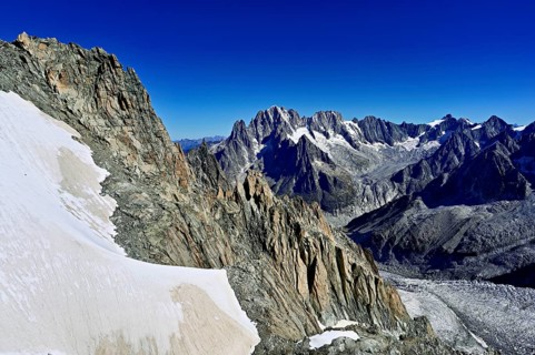 View from the Télécabine Panorama Mont-Blanc of the mountains Aiguille Vert, Les Droites, Les