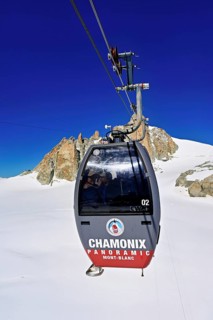 Télécabine Panoramic Mont-Blanc, opened in 1957, floats 5 km above glaciers between Aiguille du