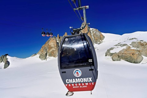 Télécabine Panoramic Mont-Blanc, opened in 1957, floats 5 km above glaciers between Aiguille du