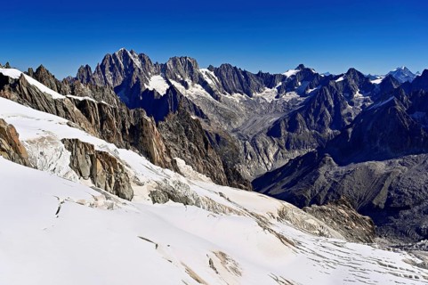 View of the Aiguille Vert mountains, Les Droites, Les Courtes, Aiguille du Midi mountain station,