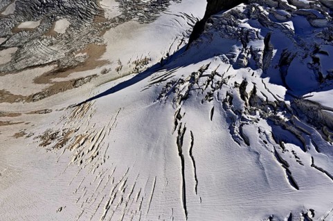 View from the Télécabine Panorama Railway of the glacial crevices of the Glacier du Géant,