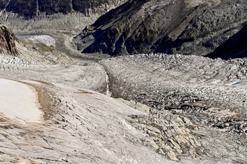 View from the Télécabine Panorama Railway of the glacial crevices of the Glacier du Géant,