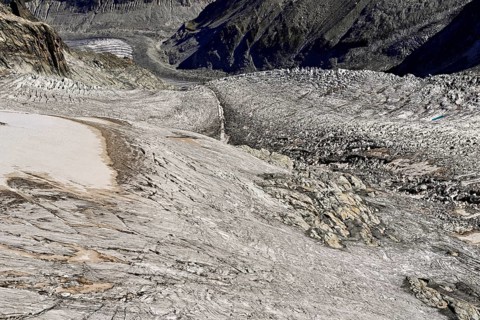 View from the Télécabine Panorama Railway of the glacial crevices of the Glacier du Géant,
