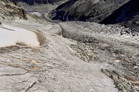 View from the Télécabine Panorama Railway of the glacial crevices of the Glacier du Géant,