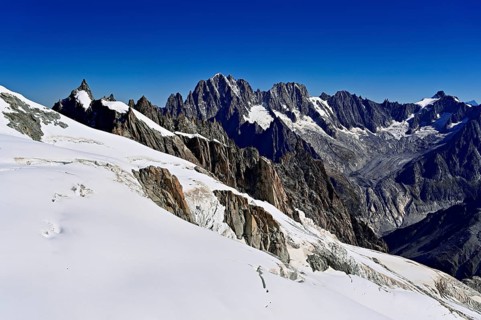 View of the Aiguille Vert mountains, Les Droites, Les Courtes, Aiguille du Midi mountain station,