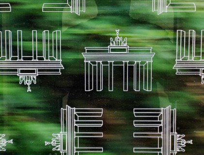 Subway window covered with Brandenburg Gate pattern film to protect against scratching while