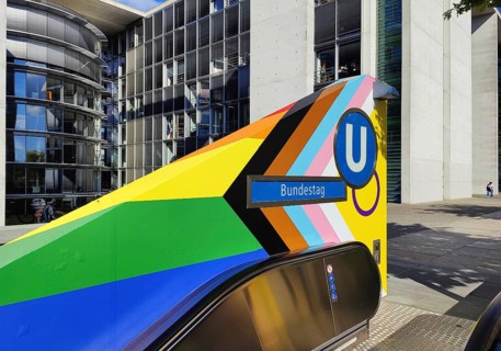Entrance to Bundestag subway station, Paul Löbe House in the background, government district,