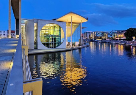 Marie-Elisabeth-Lüders-Haus with the river Spree in the evening, government district, Berlin-Mitte,