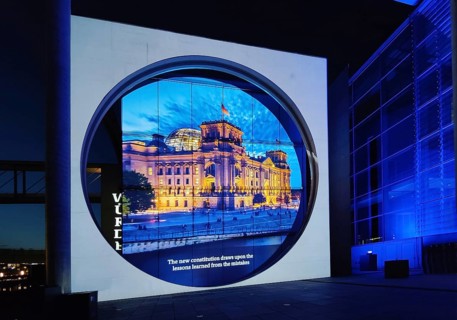 Open-air cinema on German history at Marie-Elisabeth-Lüders-Haus with the river Spree in the