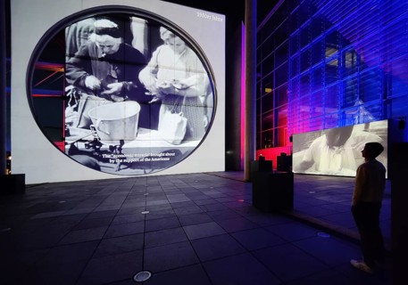 Open-air cinema on German history at Marie-Elisabeth-Lüders-Haus with the river Spree in the